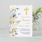 金ゴールドと青い花バプテスマ 箔招待状 (立ち正面)