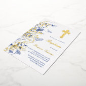 金ゴールドと青い花バプテスマ 箔招待状 (回転した状態)