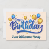 金ゴールドと青のバルーン，ハッピーバースデー カード (正面)