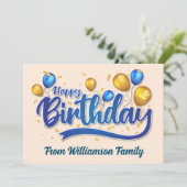 金ゴールドと青のバルーン，ハッピーバースデー カード (スタンド正面)