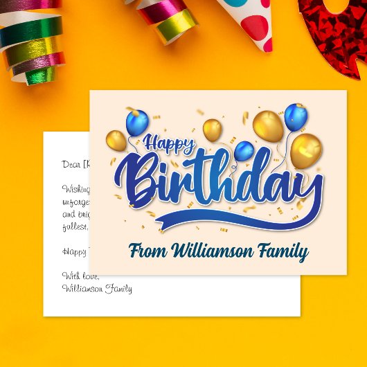 金ゴールドと青のバルーン，ハッピーバースデー カード