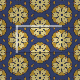 金ゴールドと青のフローラとティアドロップパターン ファブリック