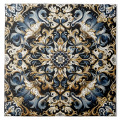 金ゴールドと青のフローラデザインタイル タイル (正面)