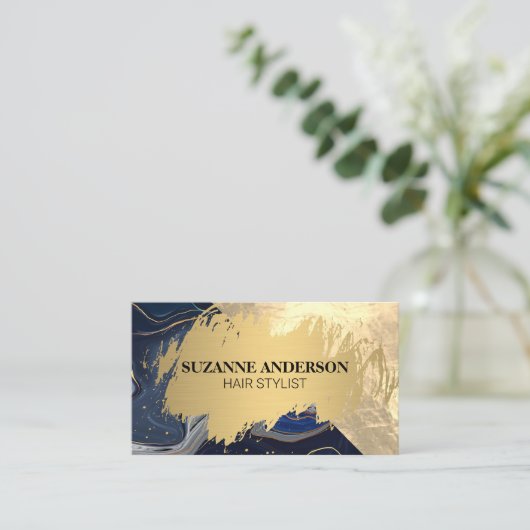 金ゴールドと青の大理石 名刺 (スタンド正面)