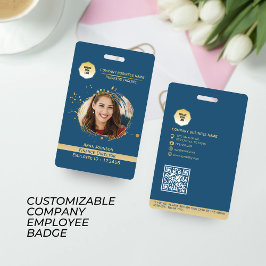 金ゴールドと青の従業員QRコードラベル、写真とロゴの追加 バッジ