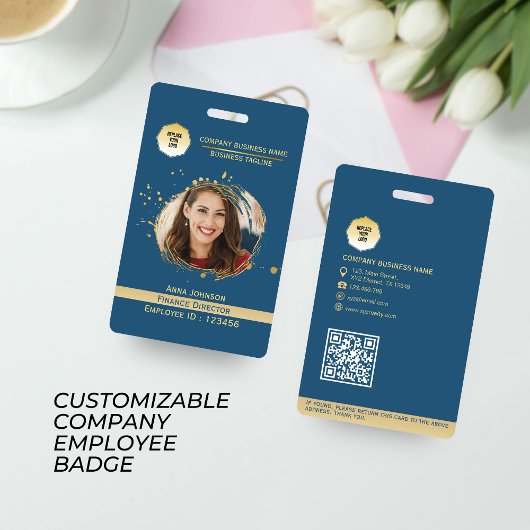 金ゴールドと青の従業員QRコードラベル、写真とロゴの追加 バッジ