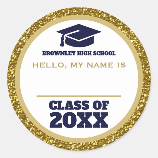 金ゴールドと青の懇親会名タグ ラウンドシール (正面)