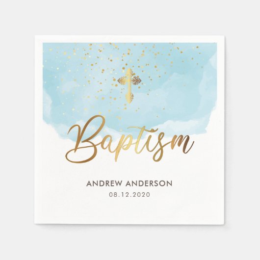 金ゴールドと青の水色の少年バプテスマ スタンダードカクテルナプキン (正面)