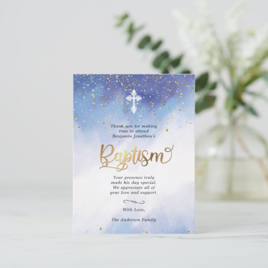 金ゴールドと青の水色の洗礼ありがとう ポストカード (スタンド正面)