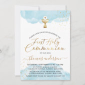 金ゴールドと青の水色の第1聖餐式 招待状 (正面)