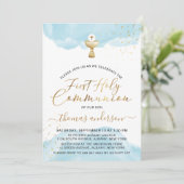 金ゴールドと青の水色の第1聖餐式 招待状 (スタンド正面)