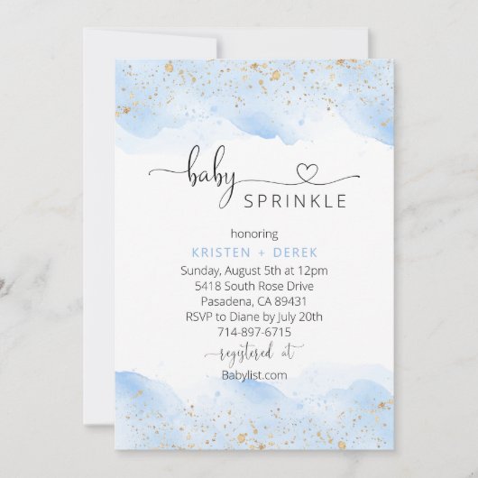 金ゴールドと青の水色の赤ちゃんシャワー散水 招待状 (正面)
