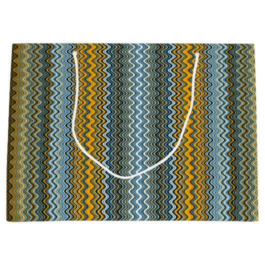 金ゴールドと青の波状ストライプ線 ラージペーパーバッグ (正面)