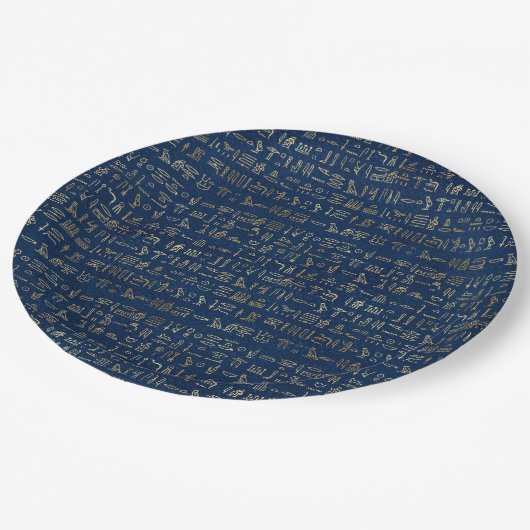 金ゴールドと青エジプト絵文字パターン ペーパープレート (アングル)