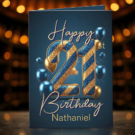 金ゴールドと青ストライプいと風船21歳の誕生日 カード