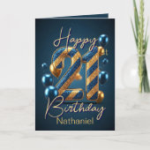 金ゴールドと青ストライプいと風船21歳の誕生日 カード (正面)