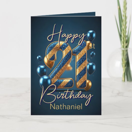 金ゴールドと青ストライプいと風船21歳の誕生日 カード (正面)