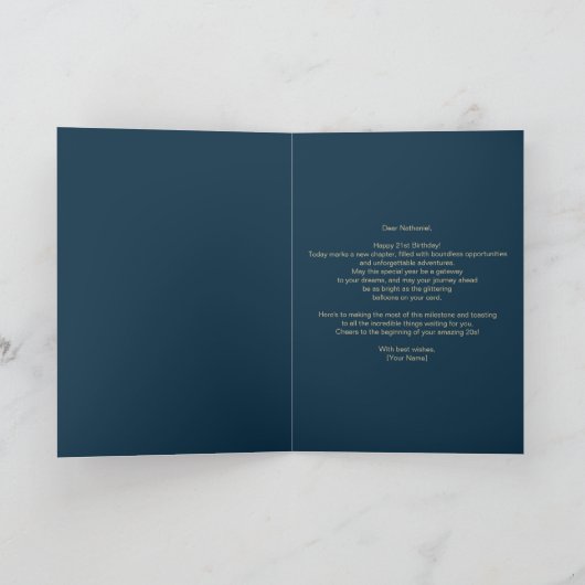 金ゴールドと青ストライプいと風船21歳の誕生日 カード (内部)