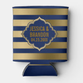 金ゴールドと青ストライプ色の幾何学的パターン2 缶クーラー (正面)