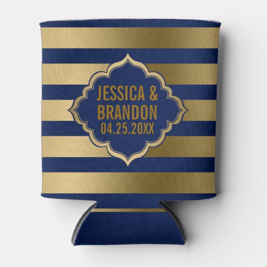 金ゴールドと青ストライプ色の幾何学的パターン2 缶クーラー (正面)