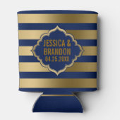 金ゴールドと青ストライプ色の幾何学的パターン2 缶クーラー (裏面)