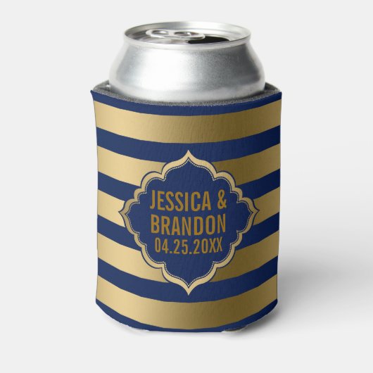 金ゴールドと青ストライプ色の幾何学的パターン2 缶クーラー (缶裏面)