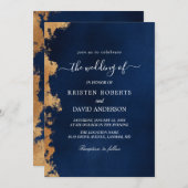 金ゴールドと青王室の結婚式招待状 招待状 (正面/裏面)