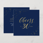 金ゴールドと青 |モダン30th誕生日パーティー広場 招待状 (正面/裏面)