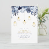 金ゴールドと青 |ライト、フローラ成人誕生日パーティー 招待状 (スタンド正面)