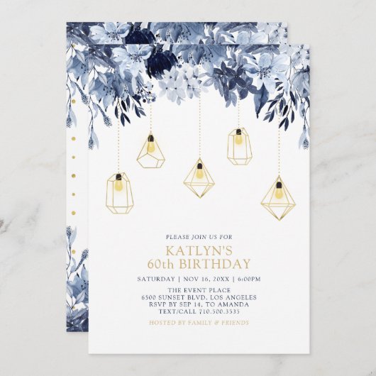 金ゴールドと青 |ライト、フローラ成人誕生日パーティー 招待状 (正面/裏面)