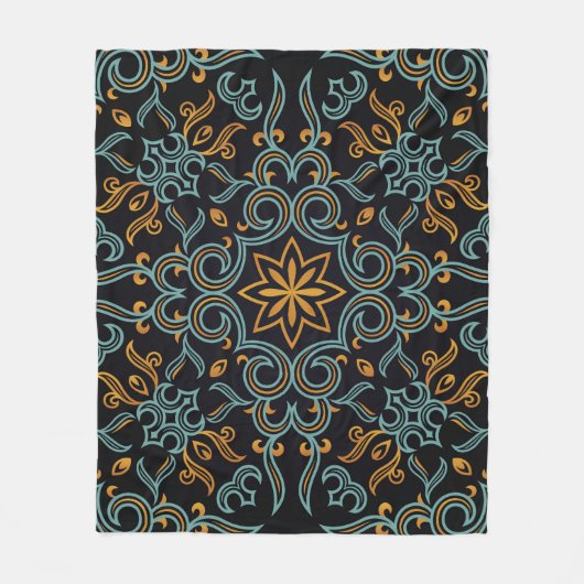 金ゴールドと青:装飾ヴィンテージ フリースブランケット (正面)