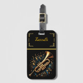 金ゴールドと音楽ファンのためのブルートランペット ラゲッジタグ (正面縦)