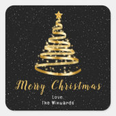 金ゴールドと黒いリボンツリーメリークリスマス スクエアシール (正面)