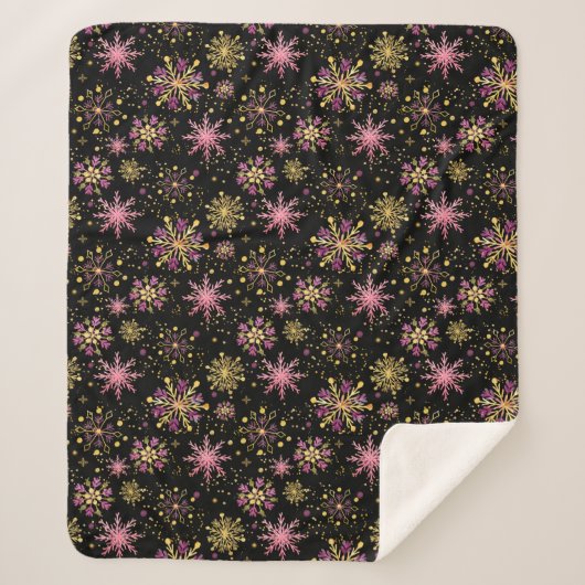 金ゴールドと黒い冬の雪片 シェルパブランケット (正面)