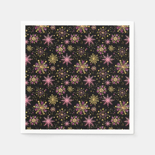 金ゴールドと黒い冬の雪片 スタンダードカクテルナプキン (正面)