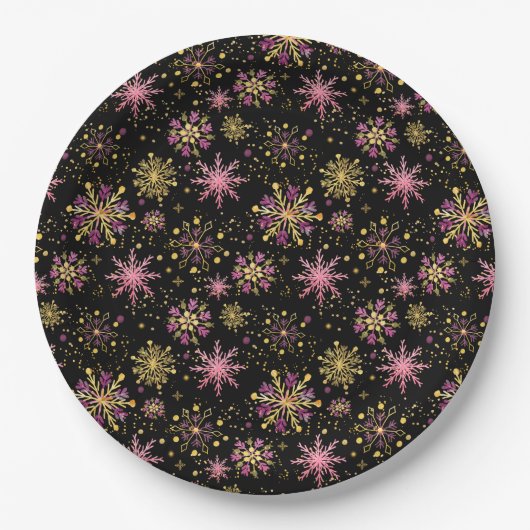 金ゴールドと黒い冬の雪片 ペーパープレート (正面)