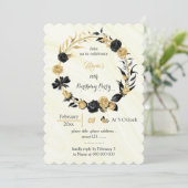 金ゴールドと黒い花のリース誕生日 招待状 (スタンド正面)