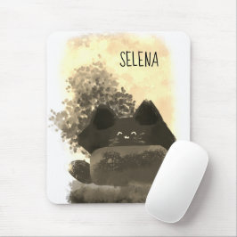 金ゴールドと黒かわいいマンガ隠しふわふわした猫 マウスパッド