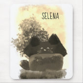 金ゴールドと黒かわいいマンガ隠しふわふわした猫 マウスパッド (正面)