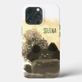 金ゴールドと黒かわいいマンガ隠しふわふわした猫 iPhone 13 PROケース