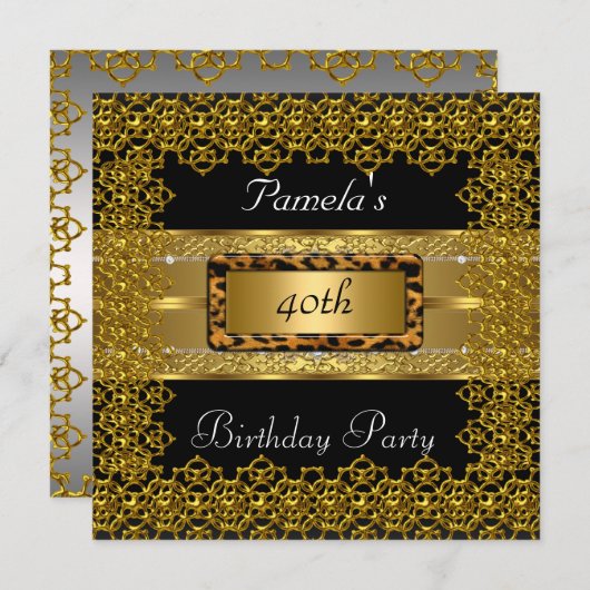 金ゴールドと黒とヒョウのフレーム誕生日パーティー 招待状 (正面/裏面)