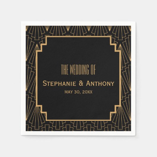 金ゴールドと黒のアールデコパタ結婚ーン スタンダードカクテルナプキン (正面)
