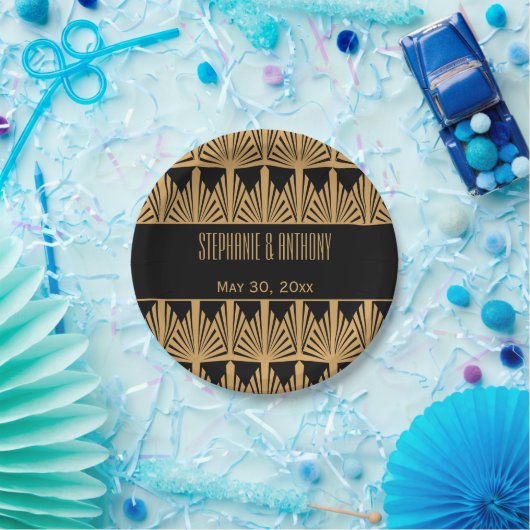 金ゴールドと黒のアールデコパタ結婚ーン ペーパープレート (パーティー)