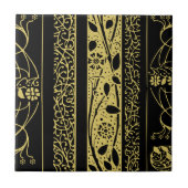 金ゴールドと黒のアールデコヴィンテージストライプフローラ タイル (正面)