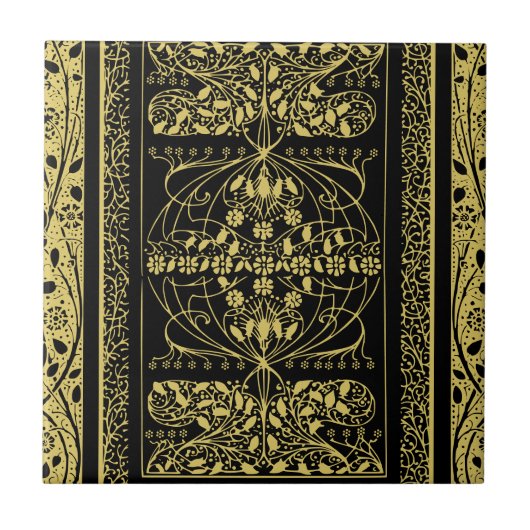 金ゴールドと黒のアールデコヴィンテージフローラ旋回 タイル (正面)