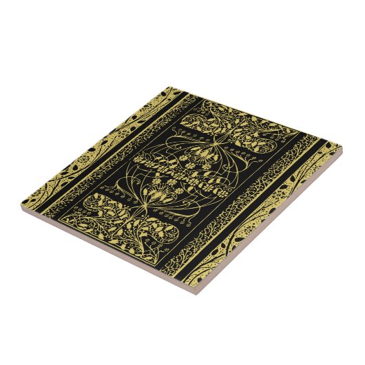金ゴールドと黒のアールデコヴィンテージフローラ旋回 タイル (側面)