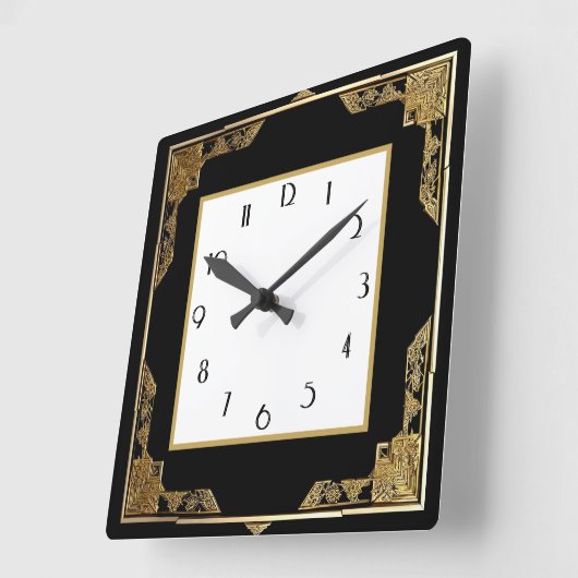 金ゴールドと黒のアールデコ正方形フレーム スクエア壁時計 (傾斜)