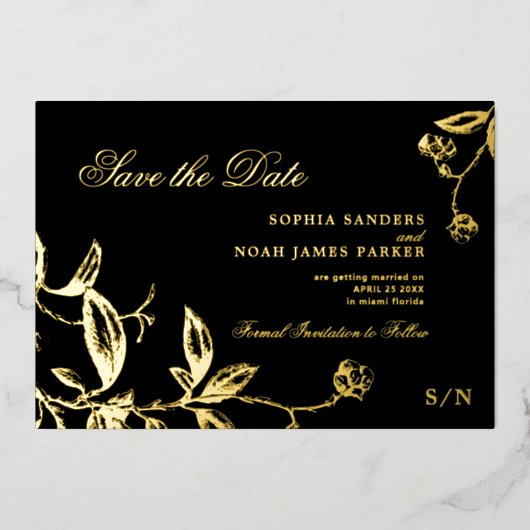 金ゴールドと黒のエレガントな結婚式は日付を保存 箔招待状 (正面)