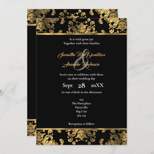 金ゴールドと黒のゴシックダマスクの結婚式 招待状 (正面/裏面)