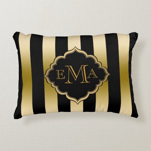 金ゴールドと黒のストライプ幾何学的パターン アクセントクッション (正面)